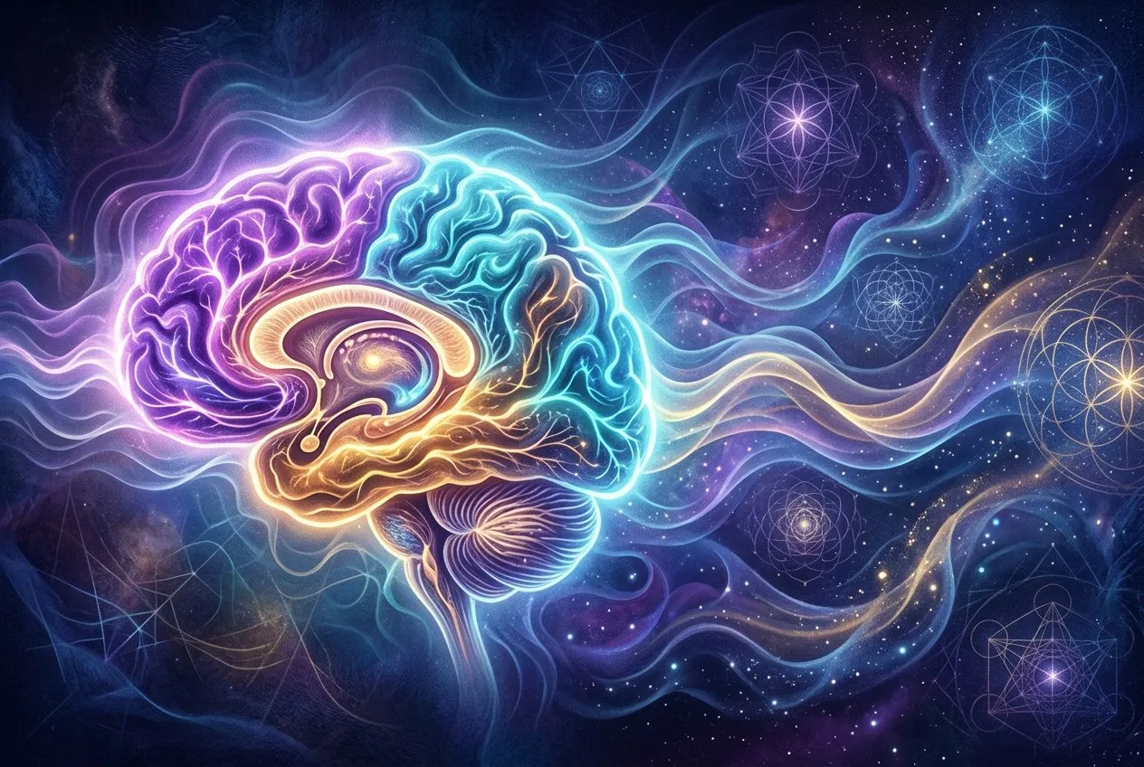 人體大腦剖面圖，不同腦區有彩色光波流動，顯示 Alpha 和 Theta 腦波的活躍區域，靈性科學風格，深藍紫色調