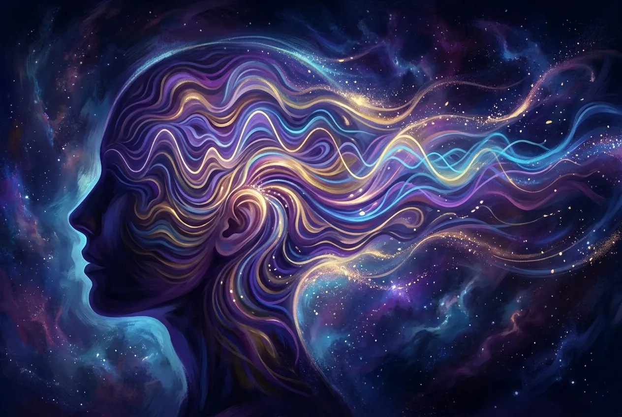 人物側面剖影，頭部內部有彩色腦波波形流動，背景為深宇宙色調