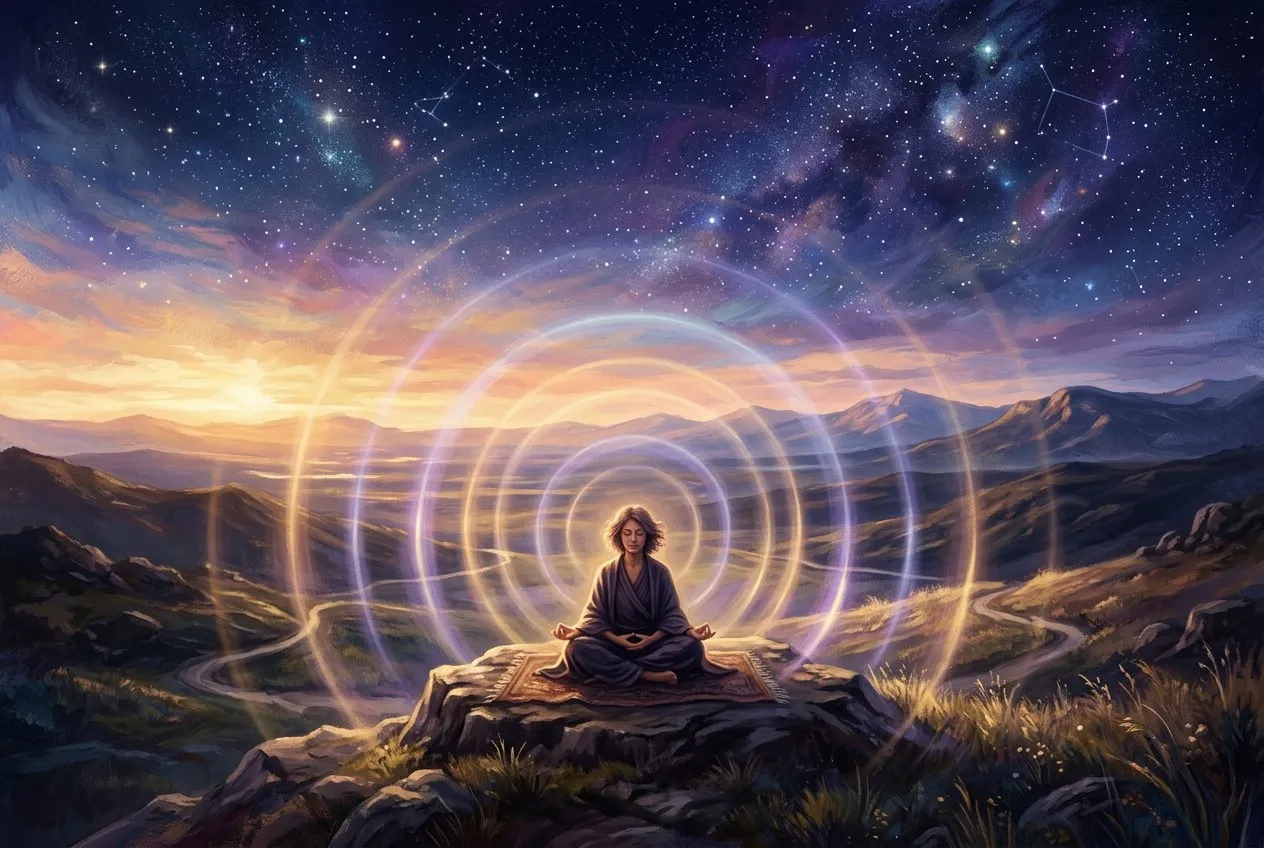 一個人坐在大自然曠野中冥想，周圍有柔和的同心圓光波從身體向外擴散，天空呈現晨光與星空交界的奇幻色彩