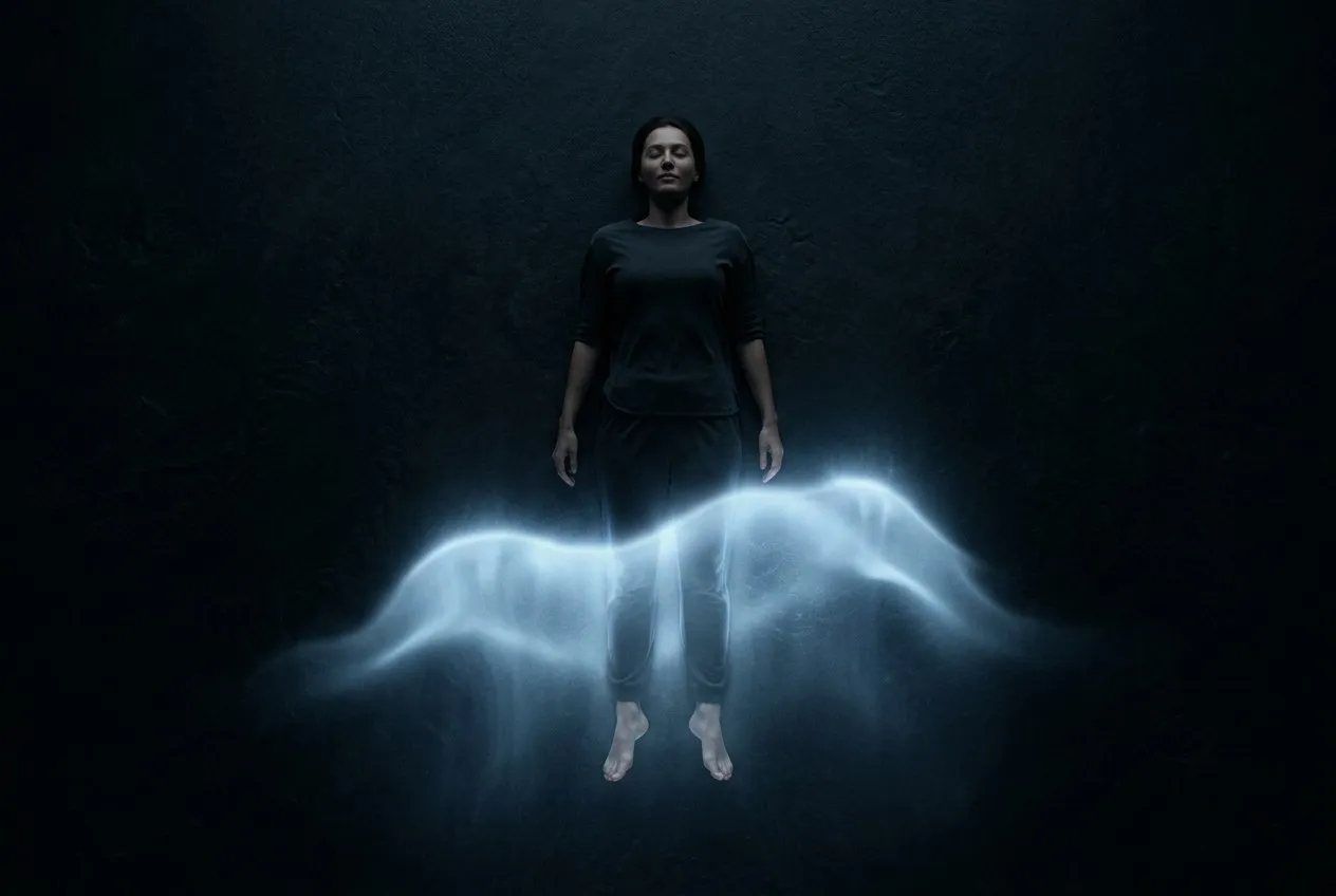 俯視躺臥者,柔和藍白光波從腳底緩緩向頭部掃過,消融身體緊張