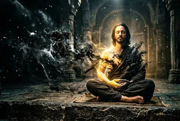 冥想者一側被黑暗迷霧籠罩、另一側散發金色光芒