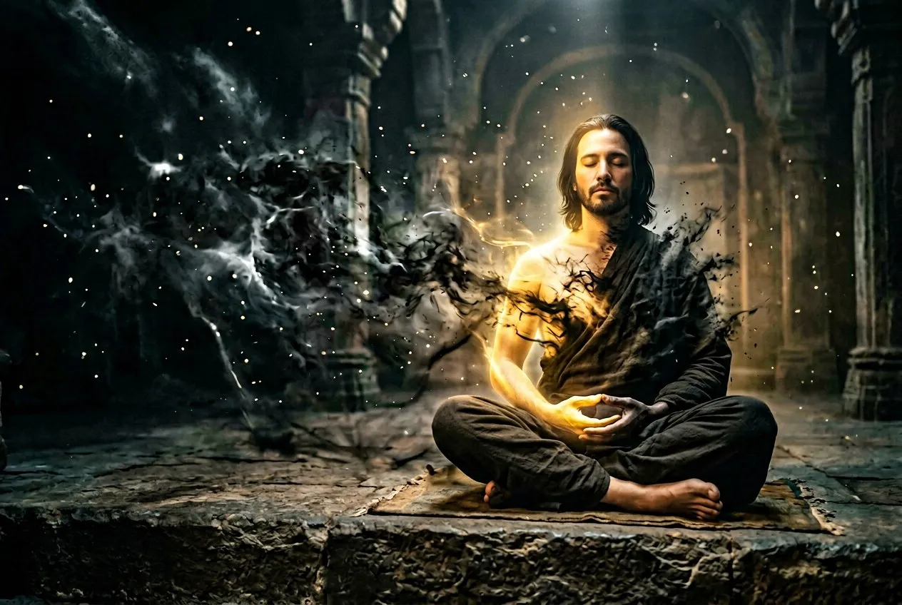 冥想者一側被黑暗迷霧籠罩、另一側散發金色光芒