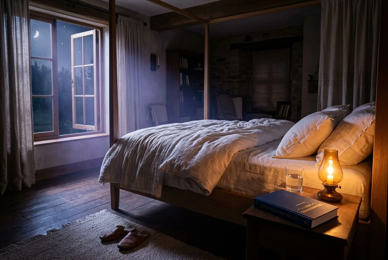 昏暗臥室夜晚場景，一張米白色床鋪、柔軟棉被堆疊出自然皺摺，床邊矮木桌上一盞橘黃色小夜燈投下溫暖光暈，窗戶半開、月光與夜色從外頭灑進室內、形成淡藍紫色光帶落在地板上，桌上放著一杯溫水與一本合起的書，整個畫面靜謐、低飽和、帶睡前將要鬆開的氣氛