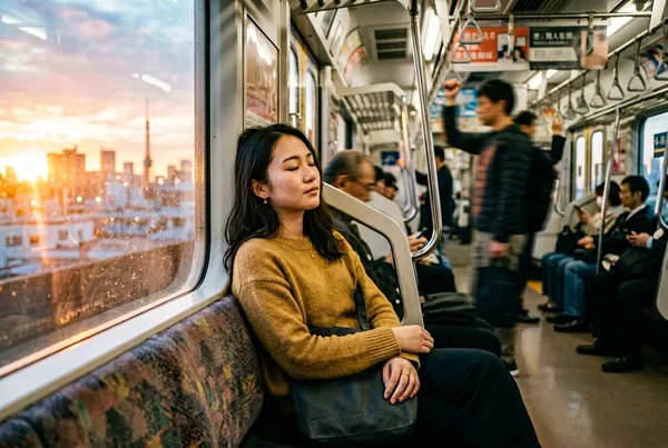 清晨捷運車廂內柔和自然光從車窗照進來，一位旅人坐在座位上雙眼輕闔，雙手自然擱在膝上，身旁乘客微微模糊、呈現車廂搖晃的動感，車窗外掠過城市晨間的暖色天空，整個畫面安靜、漂浮、有呼吸感