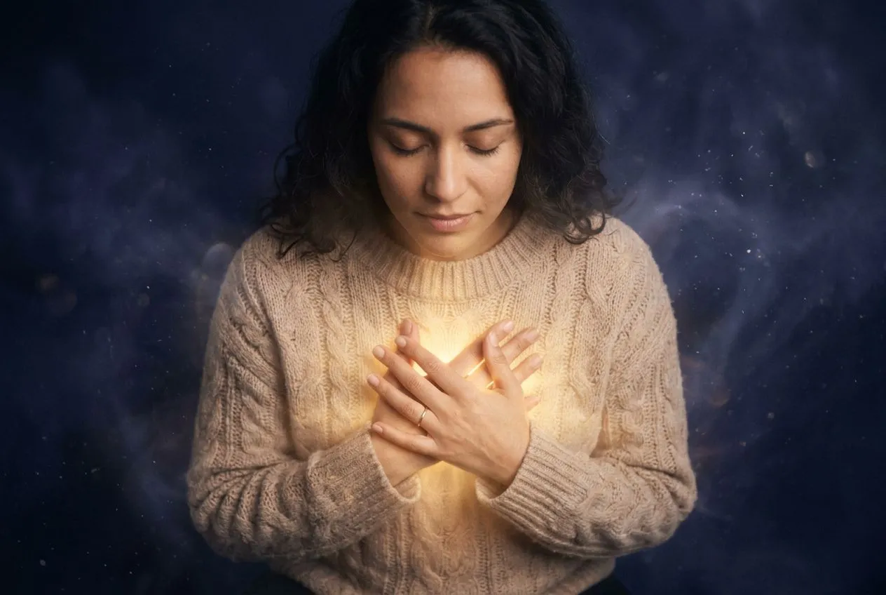 俯視角度特寫鏡頭，一位穿著淺色針織衣的女性雙手輕輕重疊蓋在胸口中央位置，手掌溫暖柔軟、指節微微彎曲，胸口處被金色柔光照亮、有一層若有似無的暖色光暈從掌心向外漫出，畫面背景是深灰藍色柔焦、帶有一點薄霧與微塵顆粒，整體氛圍安靜、穩定、內在被擁抱的感覺
