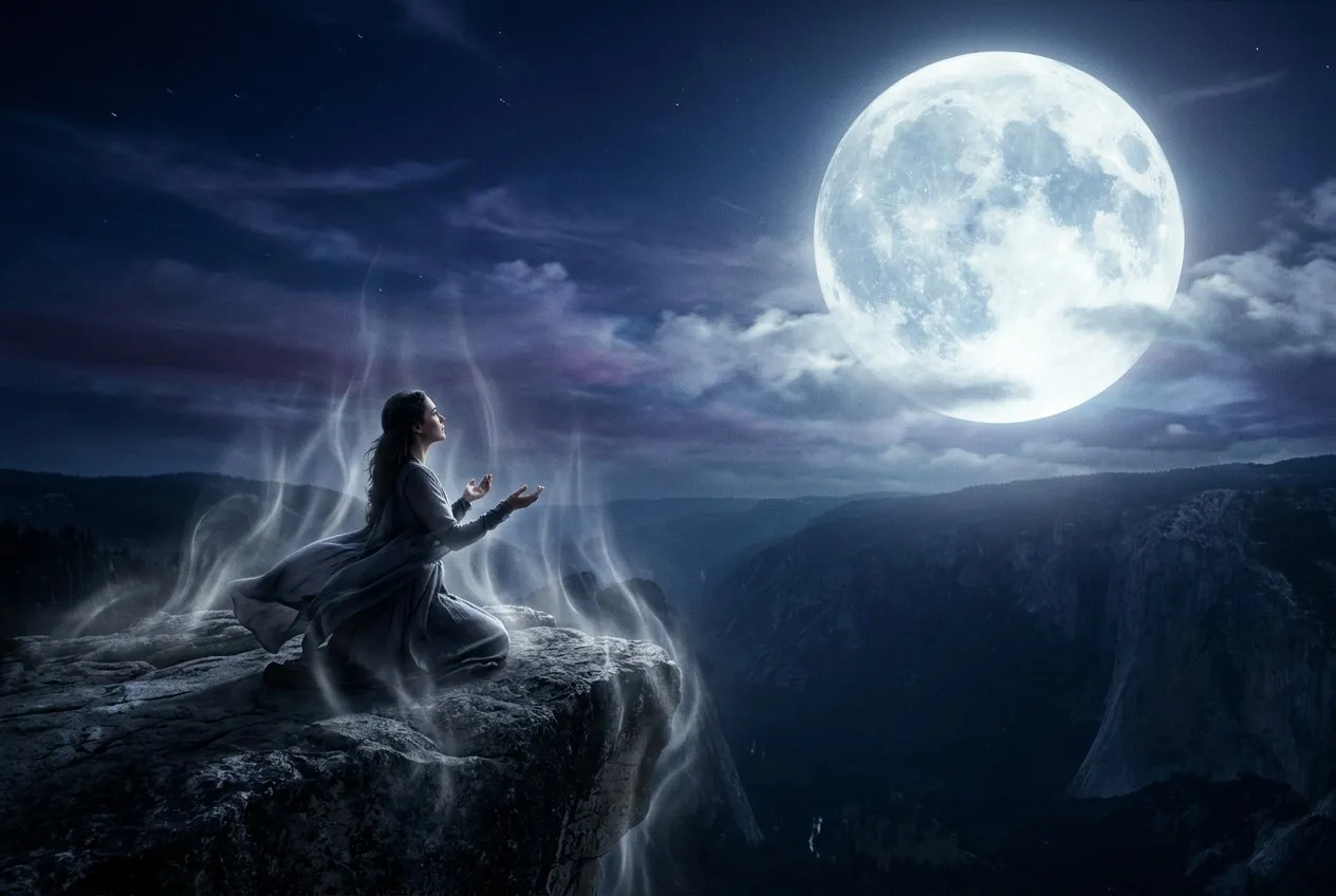 女子在懸崖邊跪地，仰望巨大明月，銀色靈光從地面升起