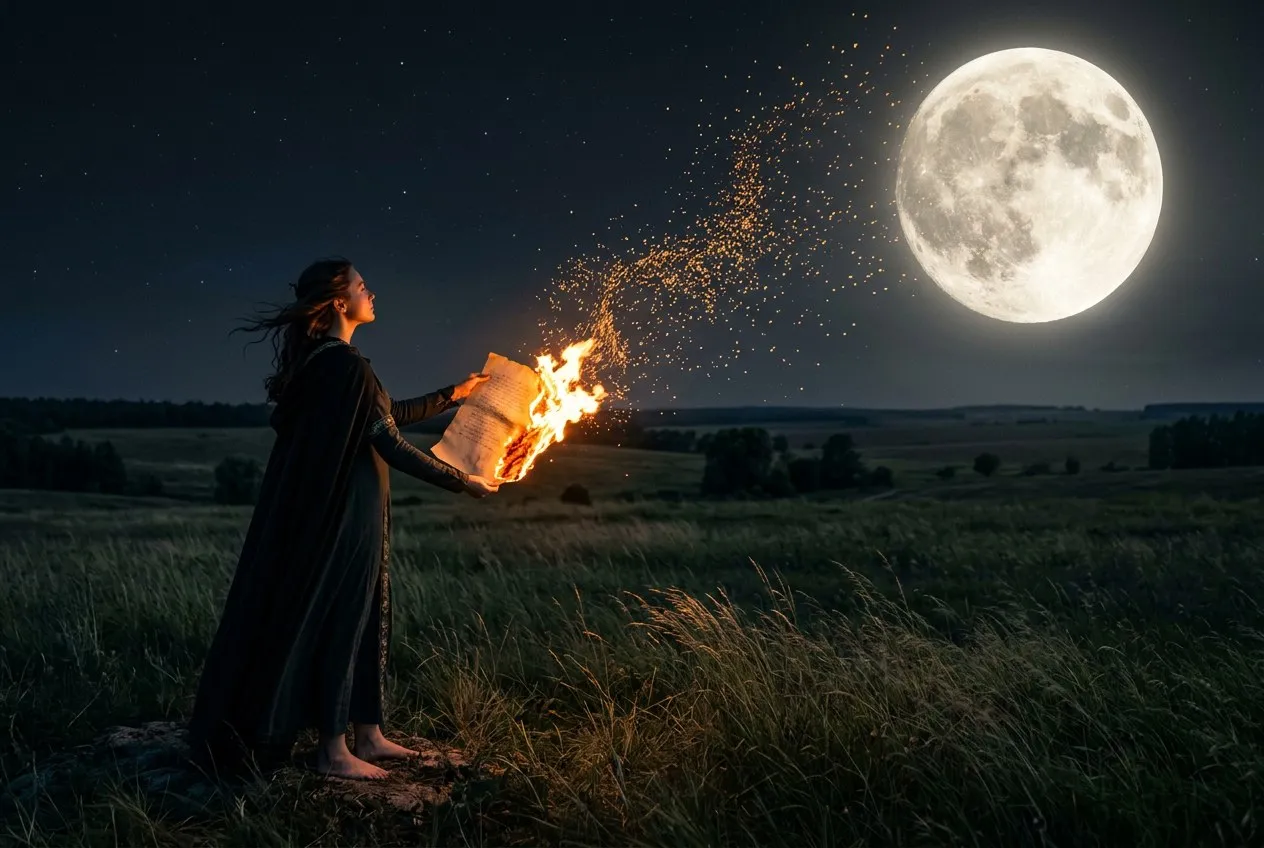 女子在月光下的曠野中燃燒紙張，金色火焰與灰燼飄向滿月