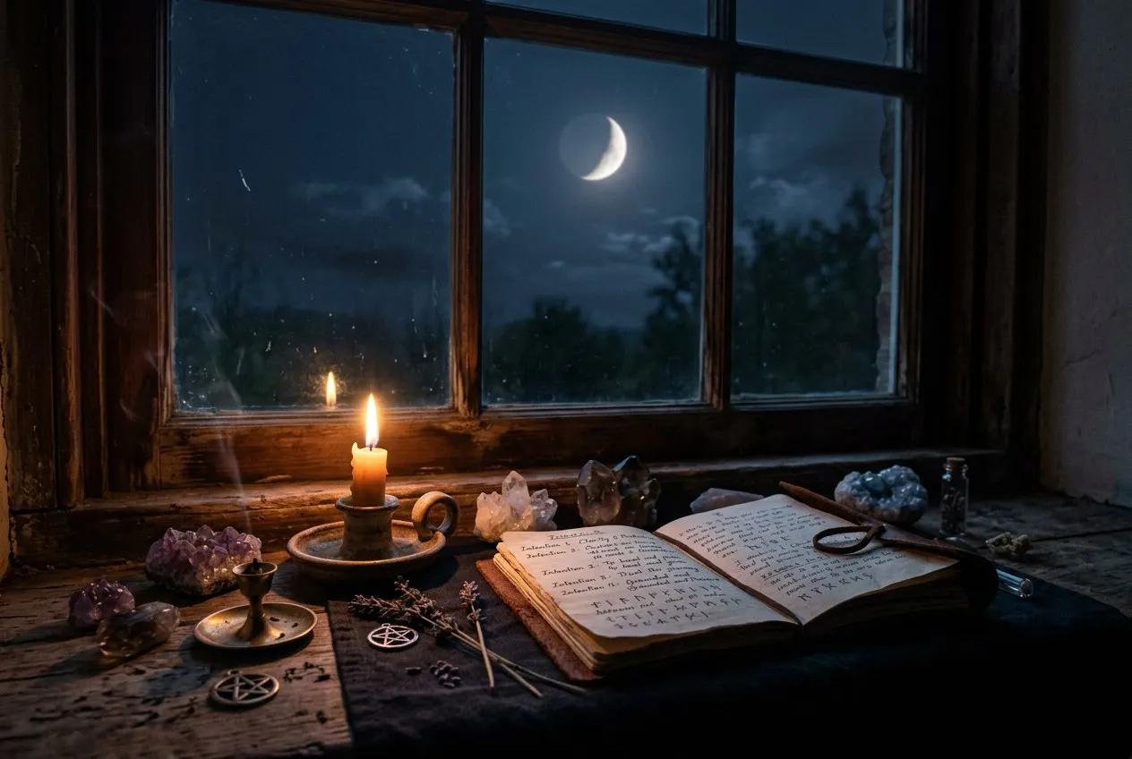 窗台上的新月儀式佈置，蠟燭、水晶與手寫意圖筆記，月光從深色窗戶透入