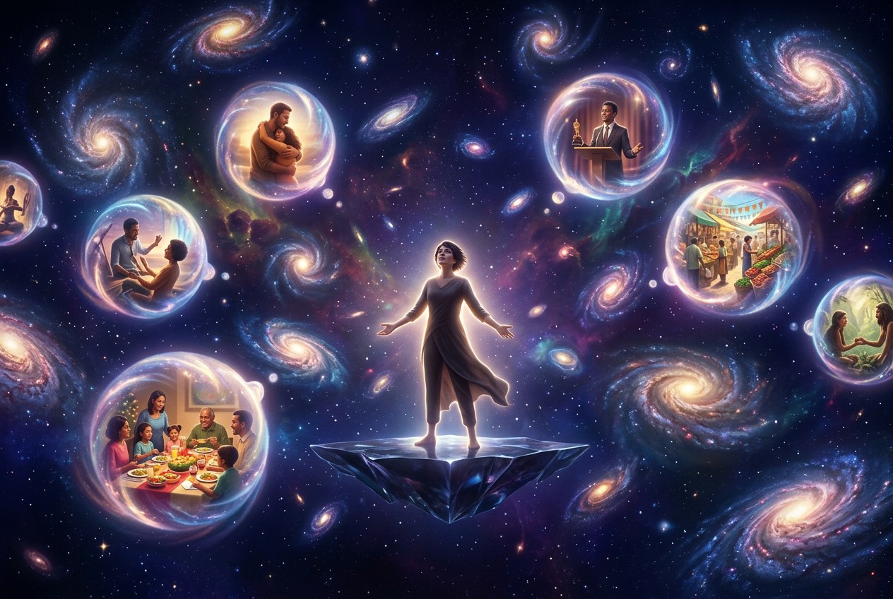 一個人站在宇宙深空中，四周是漩渦狀的光芒與想像泡泡，代表想像即現實的核心概念