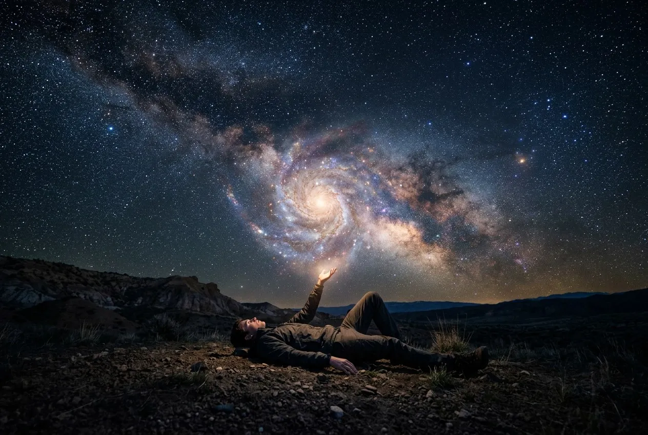夜空下一個人仰望，手掌心有發光的星系漩渦，象徵「我是」意識與宇宙創造力的連結