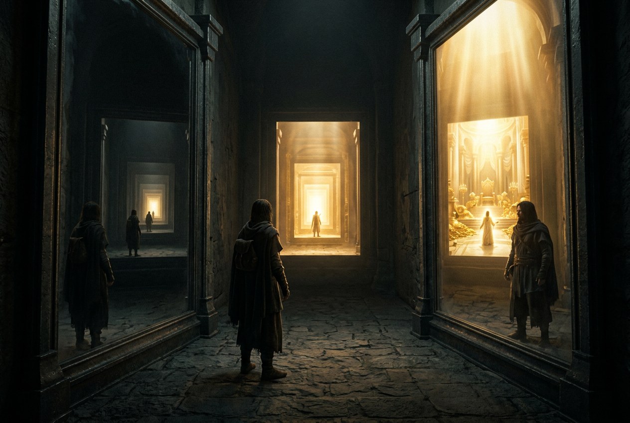 一個人站在兩面鏡子之間,映出無限反射,象徵意識創造外在現實、外在現實映照意識的迴圈