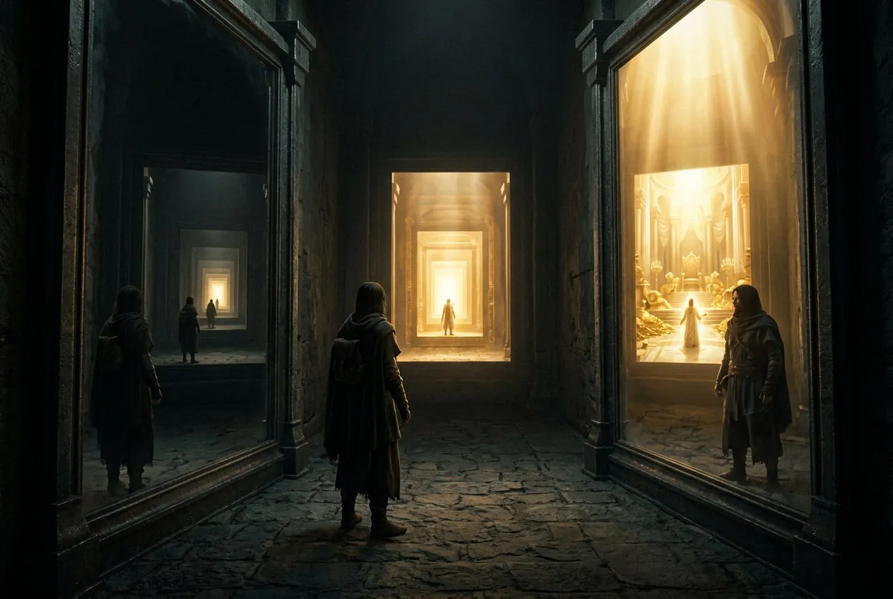 一個人站在兩面鏡子之間，映出無限反射，象徵意識創造外在現實、外在現實映照意識的迴圈