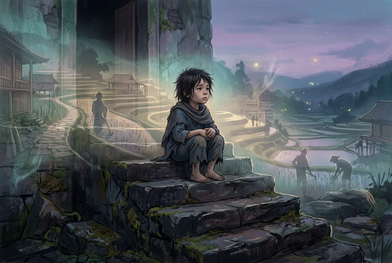 一個若有所思的孩子坐在石階上,周圍若隱若現著前世景象的幻影