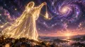 低角度仰拍，一位由金色星光構成、身穿流動光袍的男子站在山頂岩石上，伸手提著一只水晶靈擺，金色光絲從他的胸口沿著手臂流進指尖和細鏈，靈擺正要擺動，背後是紫色漩渦星系、雲海與遠方日出的地平線