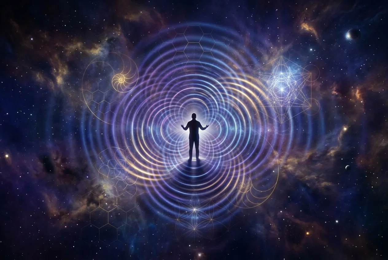 一個人類輪廓站在量子波函數圖形的中心，波形從身體向外擴散，交織著宇宙星雲與幾何光紋