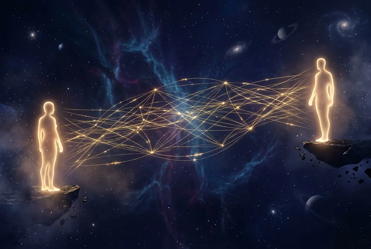 兩個發光人影相距遙遠,中間有金色量子糾纏光線橫跨宇宙空間連結,象徵意識超越距離的非局域連結