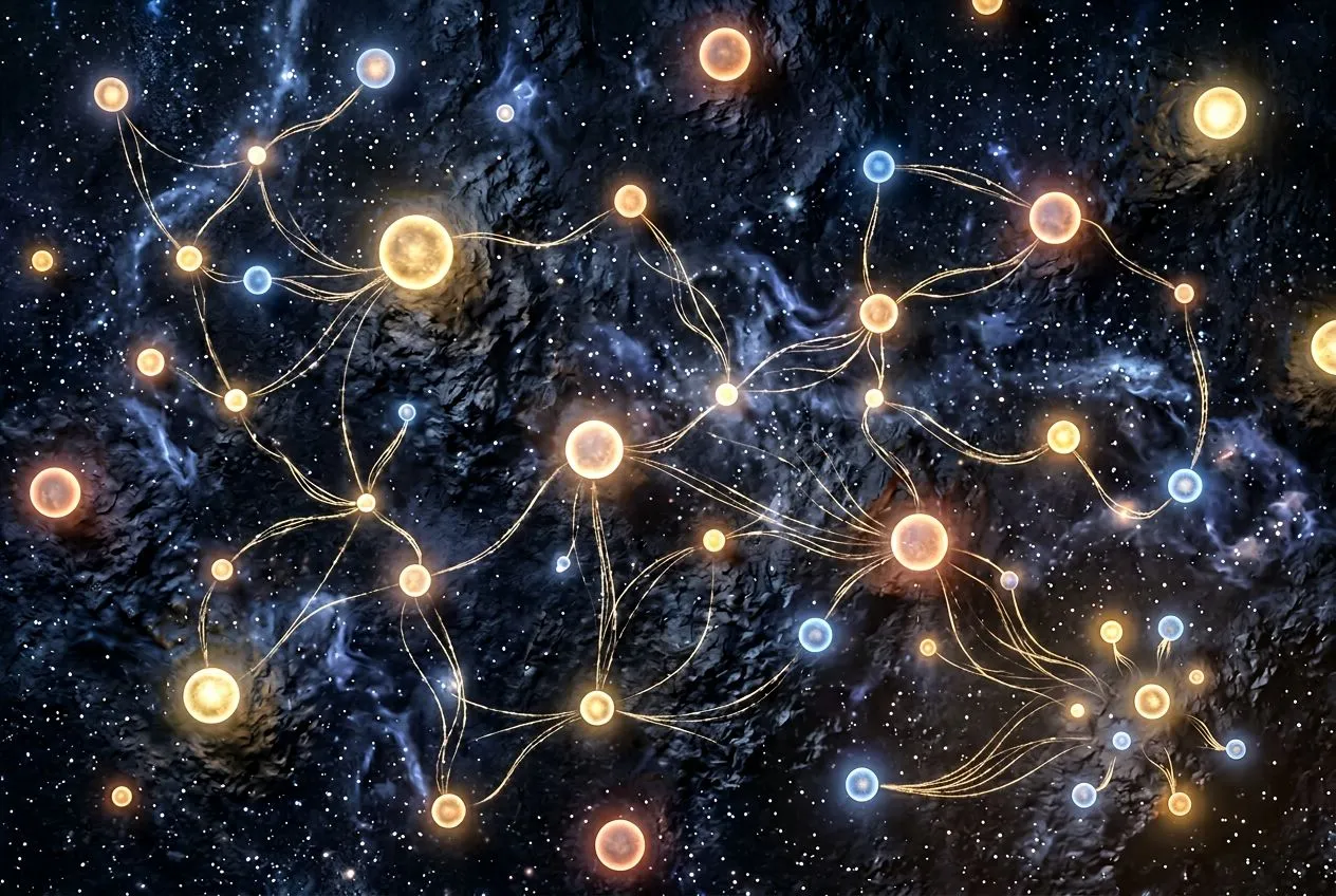 俯視角度，深色桌面上散落著幾顆光球，有些光球之間有淡金色光絲連結成不規則星座圖案，有些光球獨立發光未連結，畫面右下角幾顆新光球正緩慢升起，整體氣氛安靜而充滿可能性，象徵關係網絡的自然重組