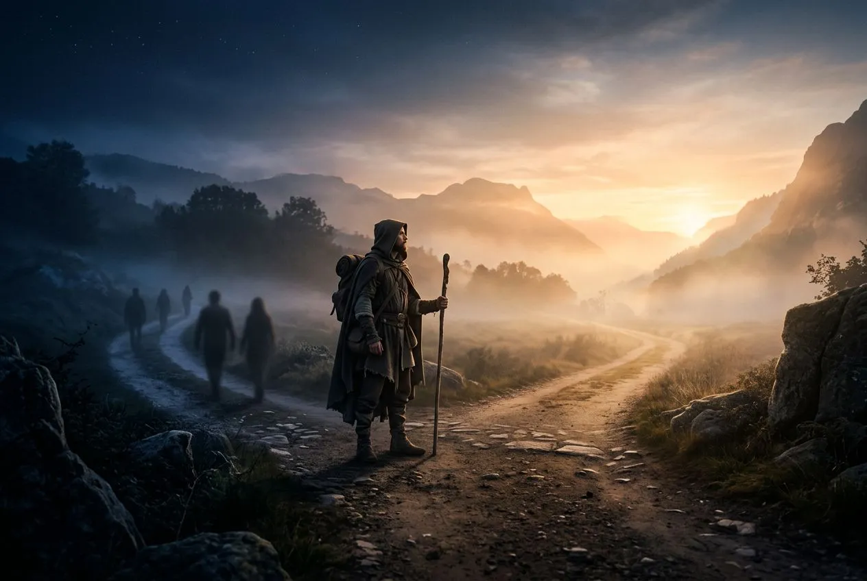 低角度黃昏場景，一個人站在岔路口中央，身後一條路上有幾個模糊人影漸行漸遠，另一條路延伸進入晨光薄霧，深靛藍與琥珀光交織，遠方地平線微微發亮，整體氣氛帶著靜靜轉向的平靜感