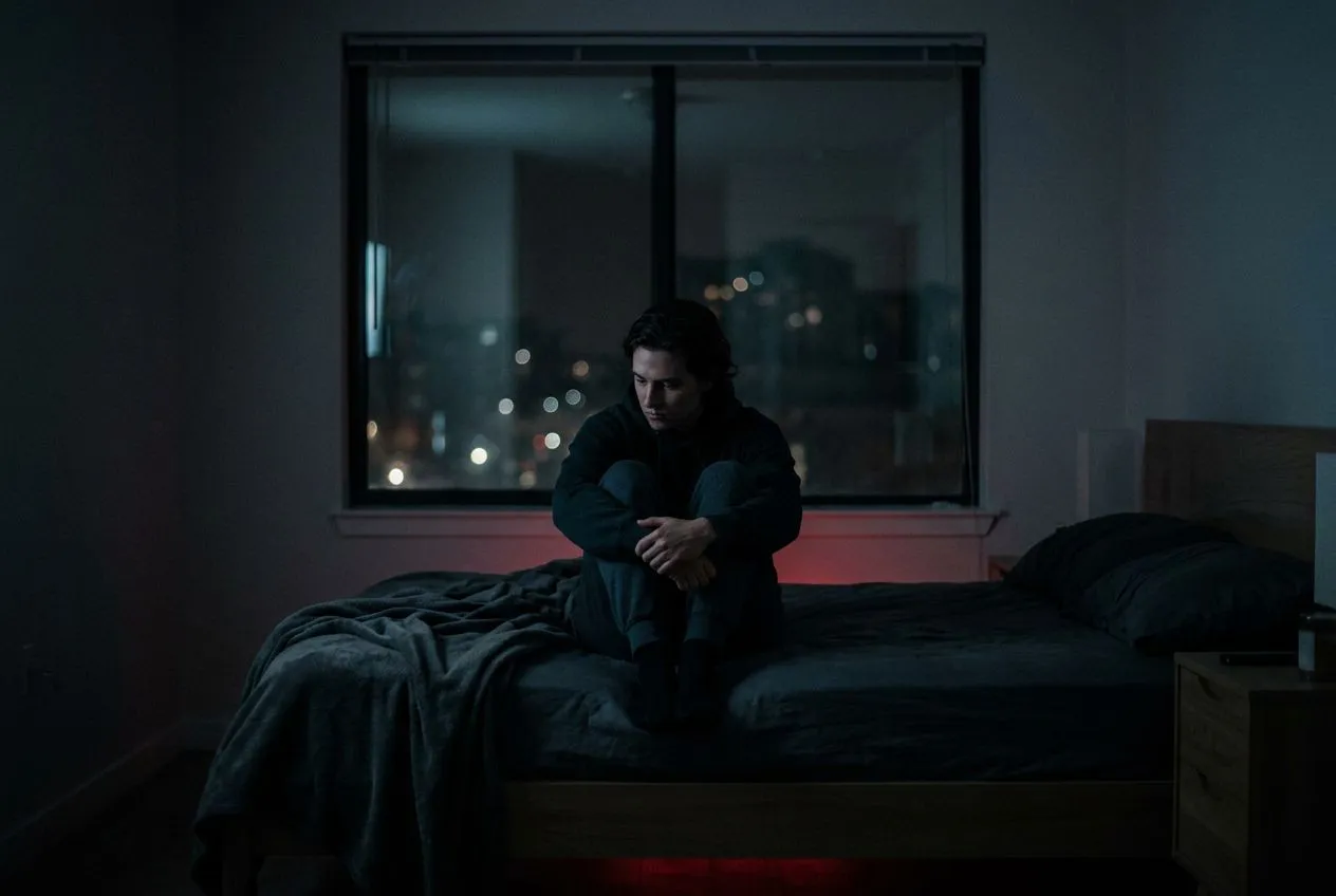 正面置中對稱構圖，一個人在深夜房間裡蜷縮坐在床沿，雙手交握放於膝上，身後是大片夜窗倒映微弱街燈，骨盆下方有極淡的紅色光暈幾乎要消失，畫面安靜而懸著