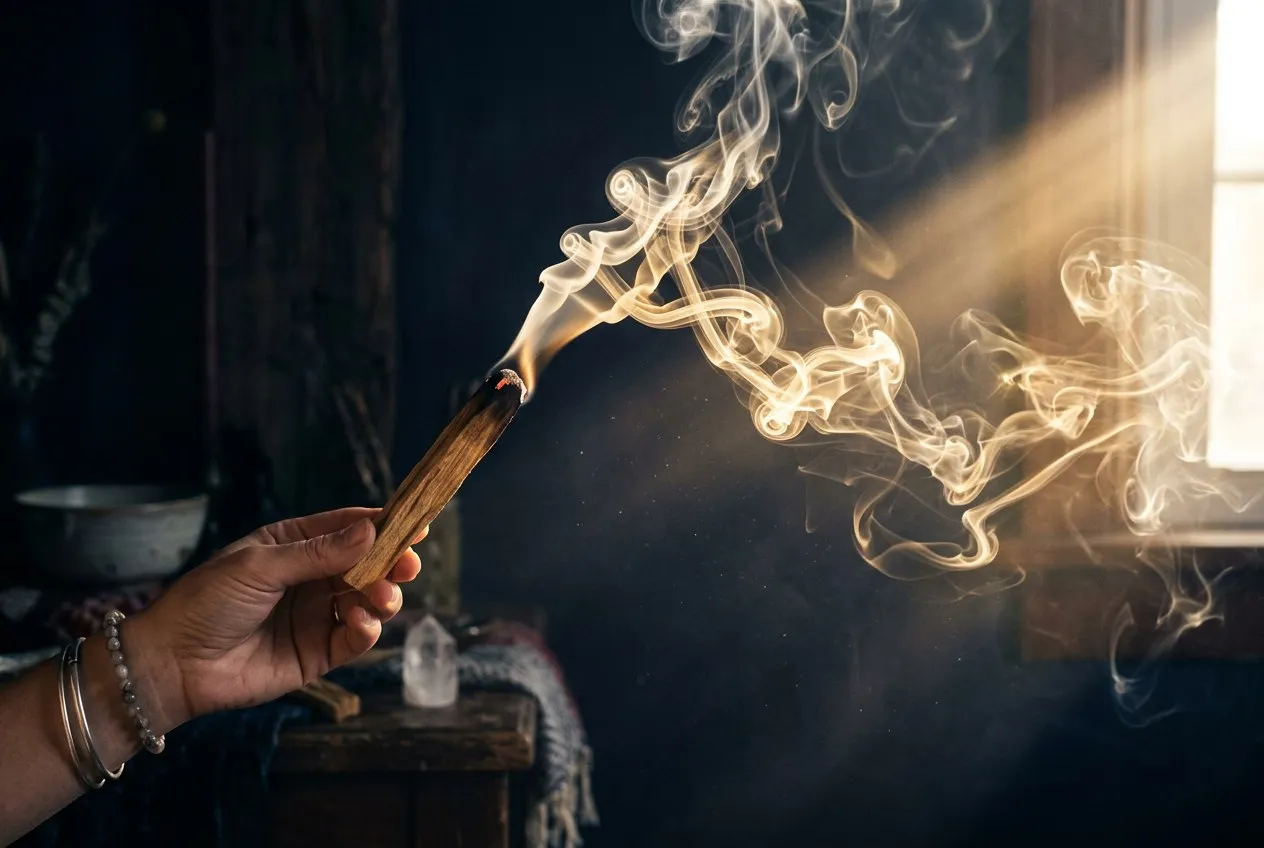 從低角度仰拍燃燒的秘魯聖木,白煙在晨光中呈螺旋狀上升,背景是朦朧的深色空間