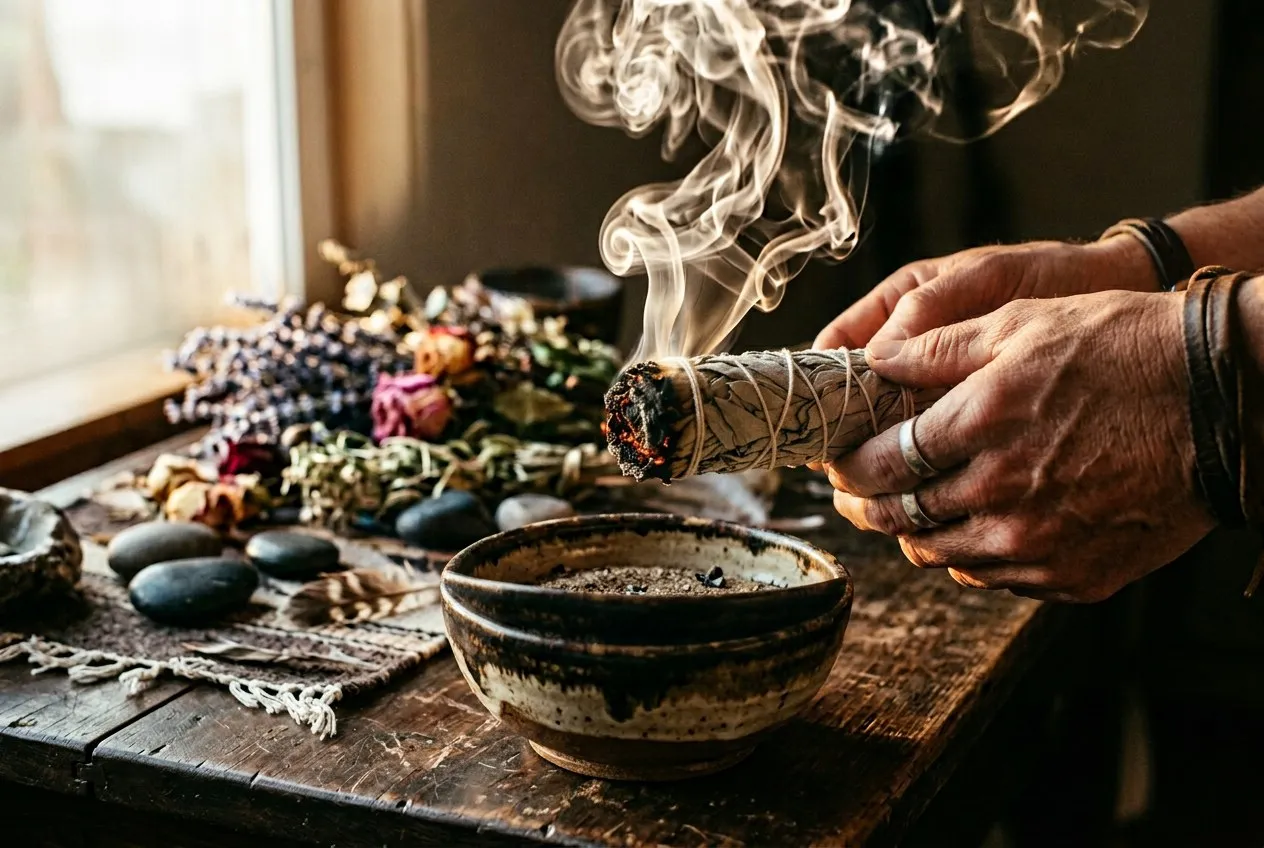 白鼠尾草束從陶碗中升起白煙,旁邊有小石子和乾燥花草,光線從側方低角度打入,背景是木桌