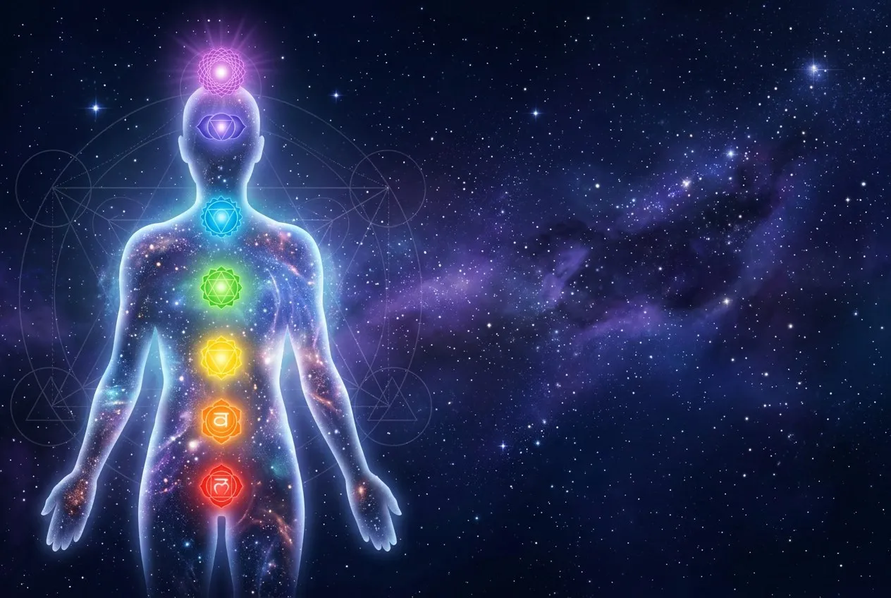 人體輪廓以深藍宇宙為背景，中軸線由下至上分布七個發光能量點，各自散發紅橙黃綠藍靛紫的柔光光暈，人體位於畫面偏左，右側大片星空留白