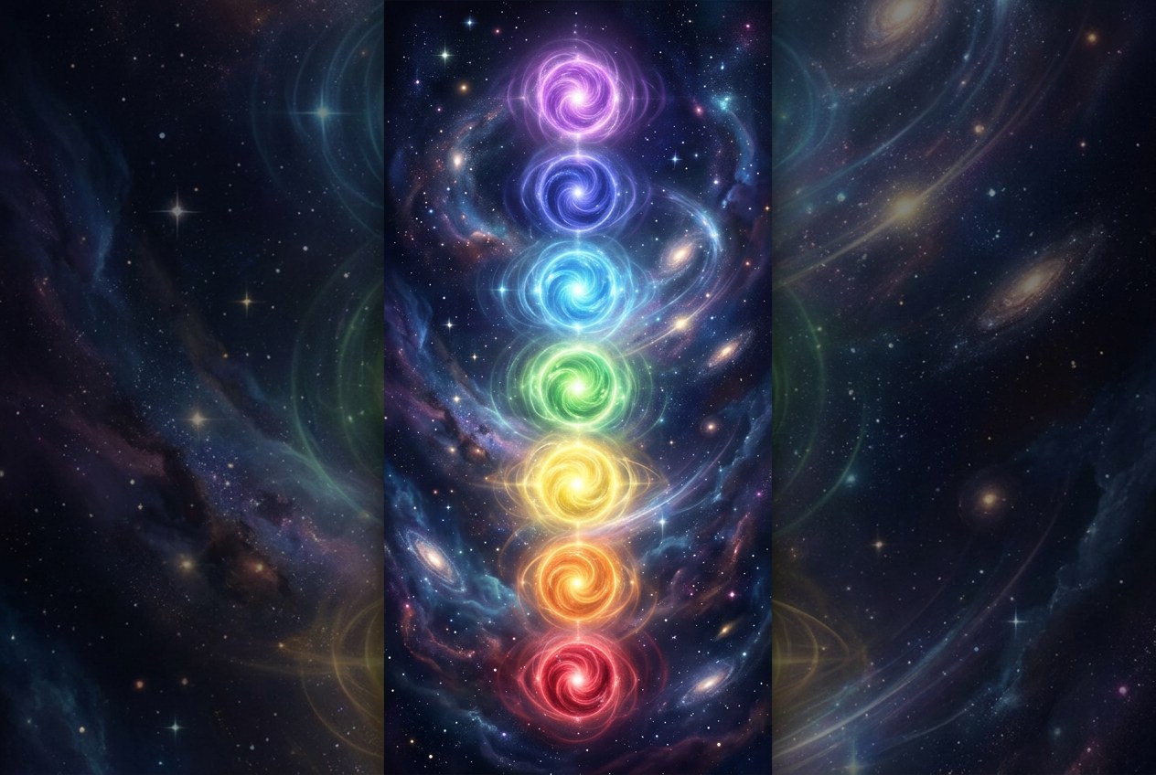 七道彩色光柱由下往上排列，從紅到紫依序交疊於深邃宇宙背景中，光柱右側三分之一位置，光暈向外擴散