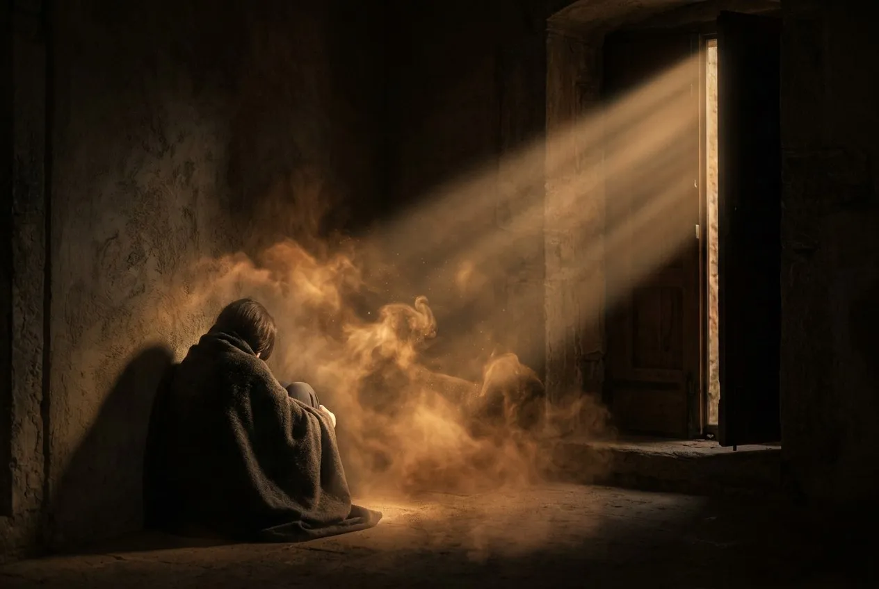 一個人蜷縮在暗室角落，一縷金色光從門縫中射入，照亮了周圍浮動的碎片光芒