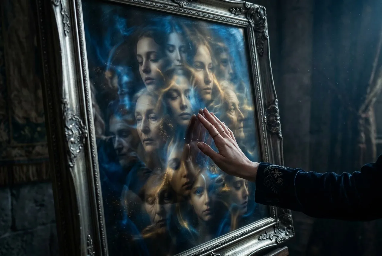 一隻手輕觸鏡面，鏡中映出不同面貌的光影，深藍與金色交織