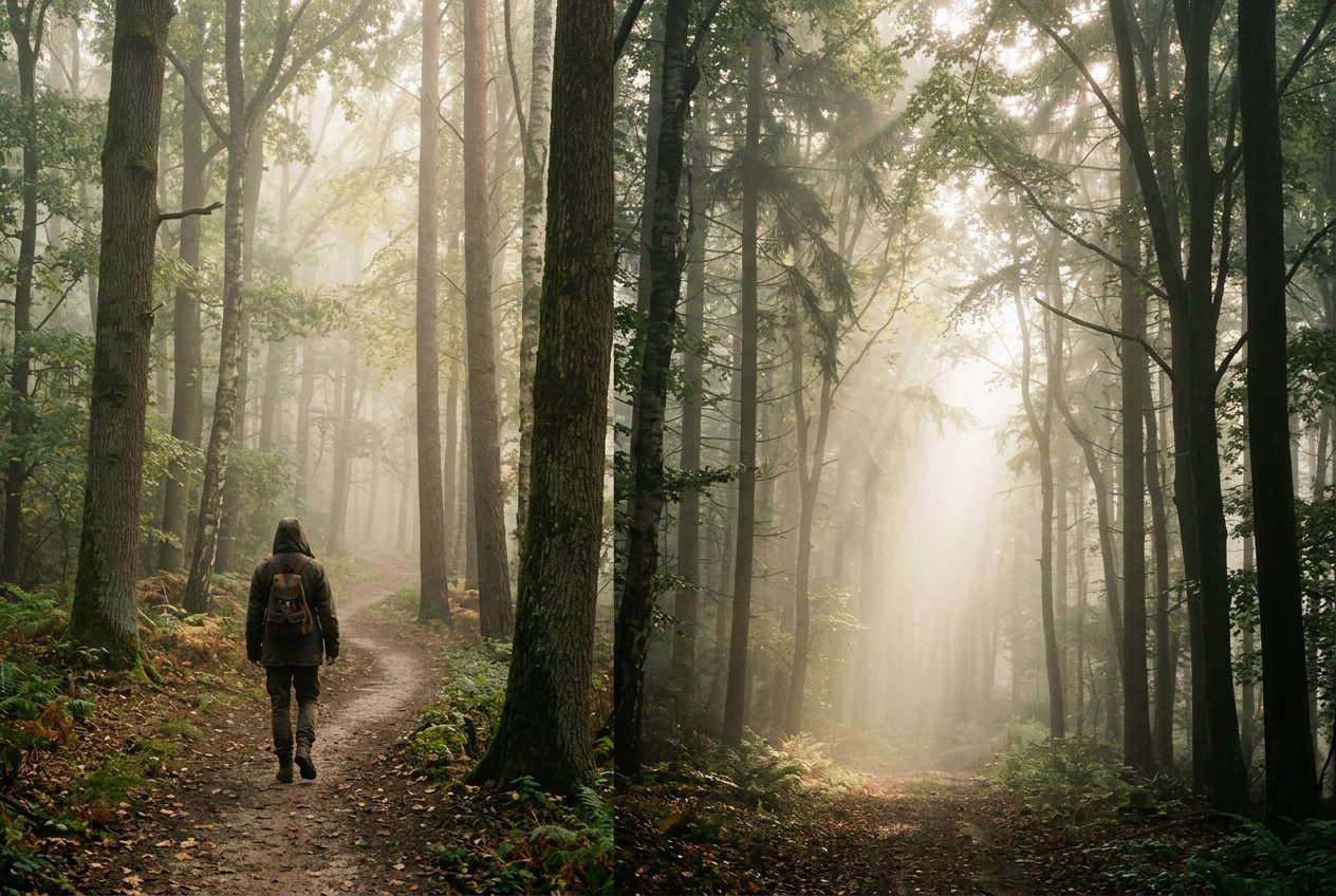 獨行者背影在霧氣瀰漫的林間小路緩步前行，晨光從高處樹間滲透，人物位於畫面左三分之一，右側是發光的霧氣