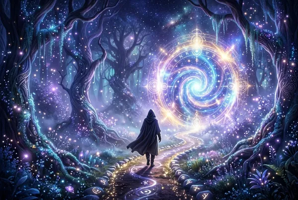 獨行者背影在霧氣瀰漫的林間小路緩步前行，晨光從高處樹間滲透，人物位於畫面左三分之一，右側是發光的霧氣