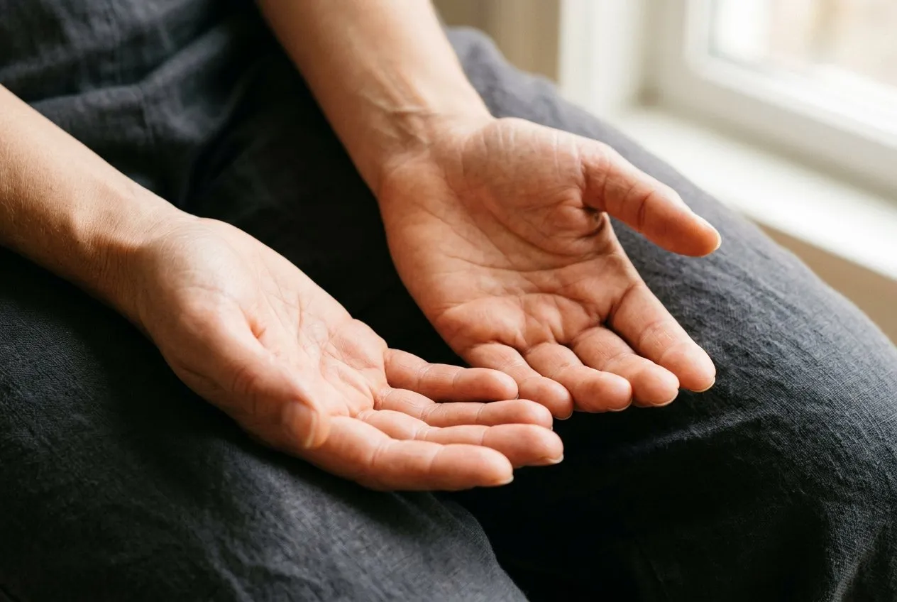 極近距離特寫，一雙手靜靜放在腿上，掌心朝上微開，自然窗光從右上方灑落投出柔和掌紋陰影，背景模糊