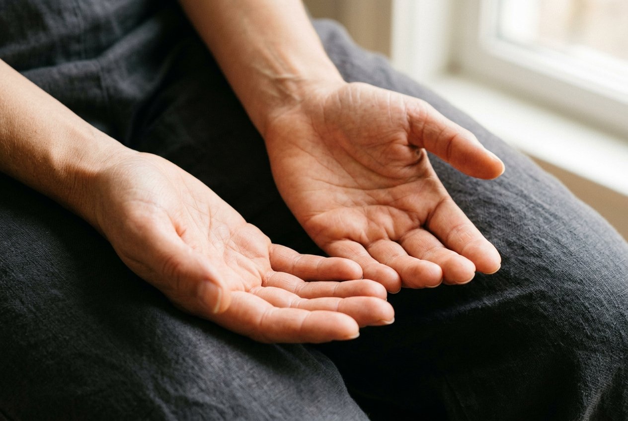 極近距離特寫，一雙手靜靜放在腿上，掌心朝上微開，自然窗光從右上方灑落投出柔和掌紋陰影，背景模糊