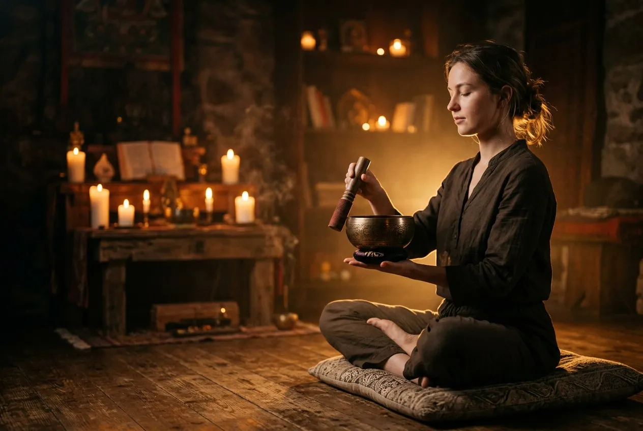 一個人盤腿坐在冥想墊上，掌心托著頌缽，另一手持木棒，燭光從身後映出金色暖光，側面取景人物位於畫面右三分之一