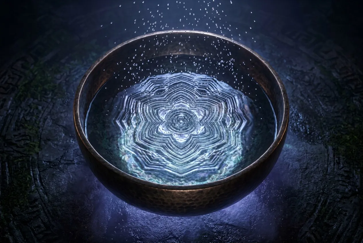頌缽裝滿水後被敲擊，水面形成精密幾何波紋，微小水珠懸浮在空中，藍紫色環境光映照出神祕氛圍