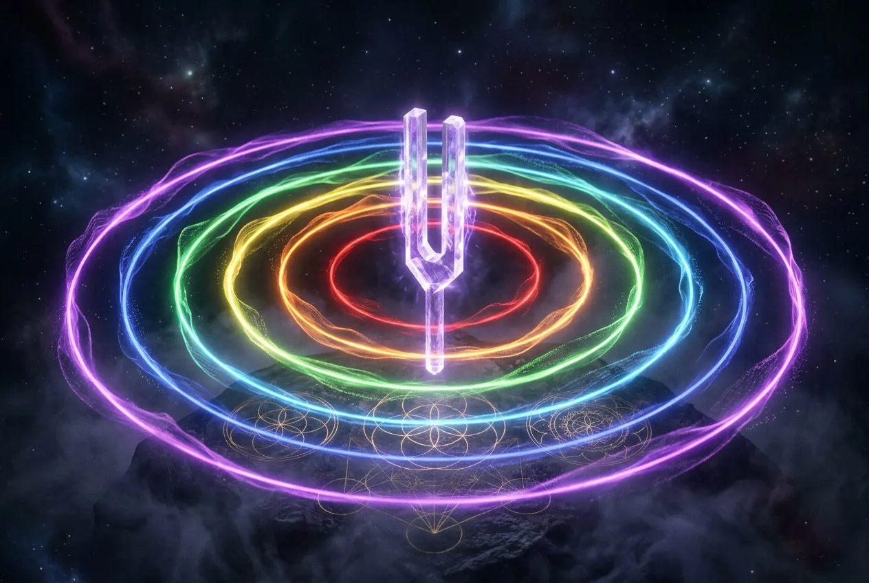 七色光環圍繞懸浮音叉，象徵索爾費吉奧七大頻率
