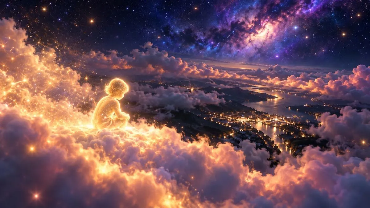 側面斜角，一個由金色星光構成的小孩靈魂獨自坐在夜空中發光的雲朵邊緣，往下看著雲縫裡遠方河邊城鎮的暖黃燈火，上方是靛紫色星空與銀河