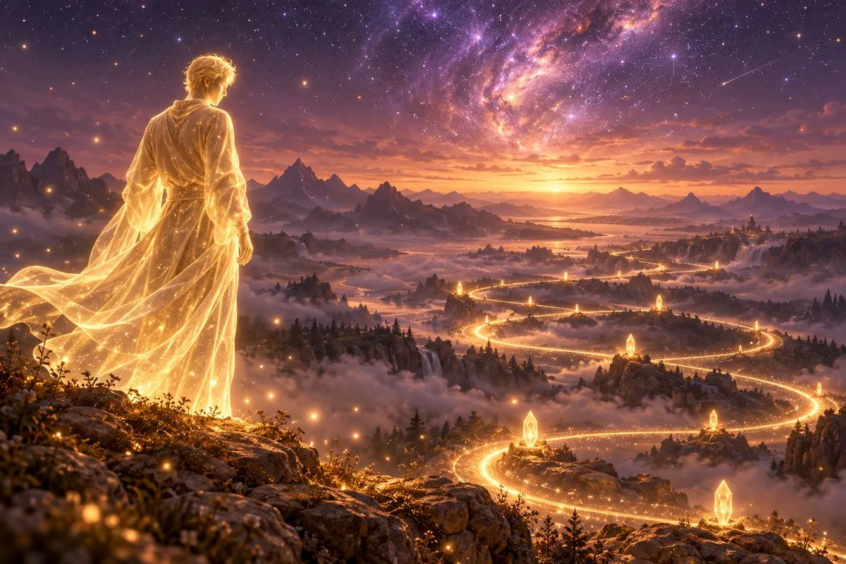 三分法則偏左,一位由金色星光構成、穿著光袍的短髮男子站在黃昏的山頂岩石上,望著山谷裡一條繞了好幾圈的金色光之小路,路邊立著一顆顆像燈籠的發光水晶,遠方是群山、雲霧與紫色星空
