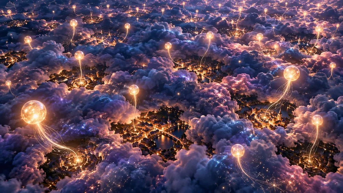 俯視鳥瞰,夜裡一片紫色與玫瑰色的雲海上飄著許多金色光球,每顆光球垂下細細的光絲,伸向雲層缺口底下一座座亮著暖黃燈火的小鎮