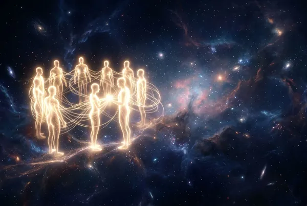 宇宙深空中，數道發光人影聚集在一起，位於畫面偏左，金白色光線在人影間交織，像在宇宙中相認重逢