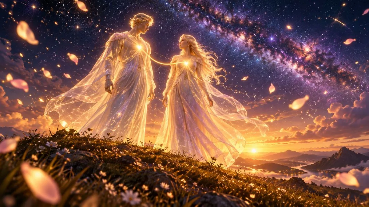 低角度仰拍，兩個由星光構成、身穿流動光袍的身影，一男一女並肩站在草丘頂上互相凝視，一條細細的金色光絲連著兩人的胸口，頭頂是深靛紫的暮色天空與銀河，玫瑰金的光瓣在空中飄著