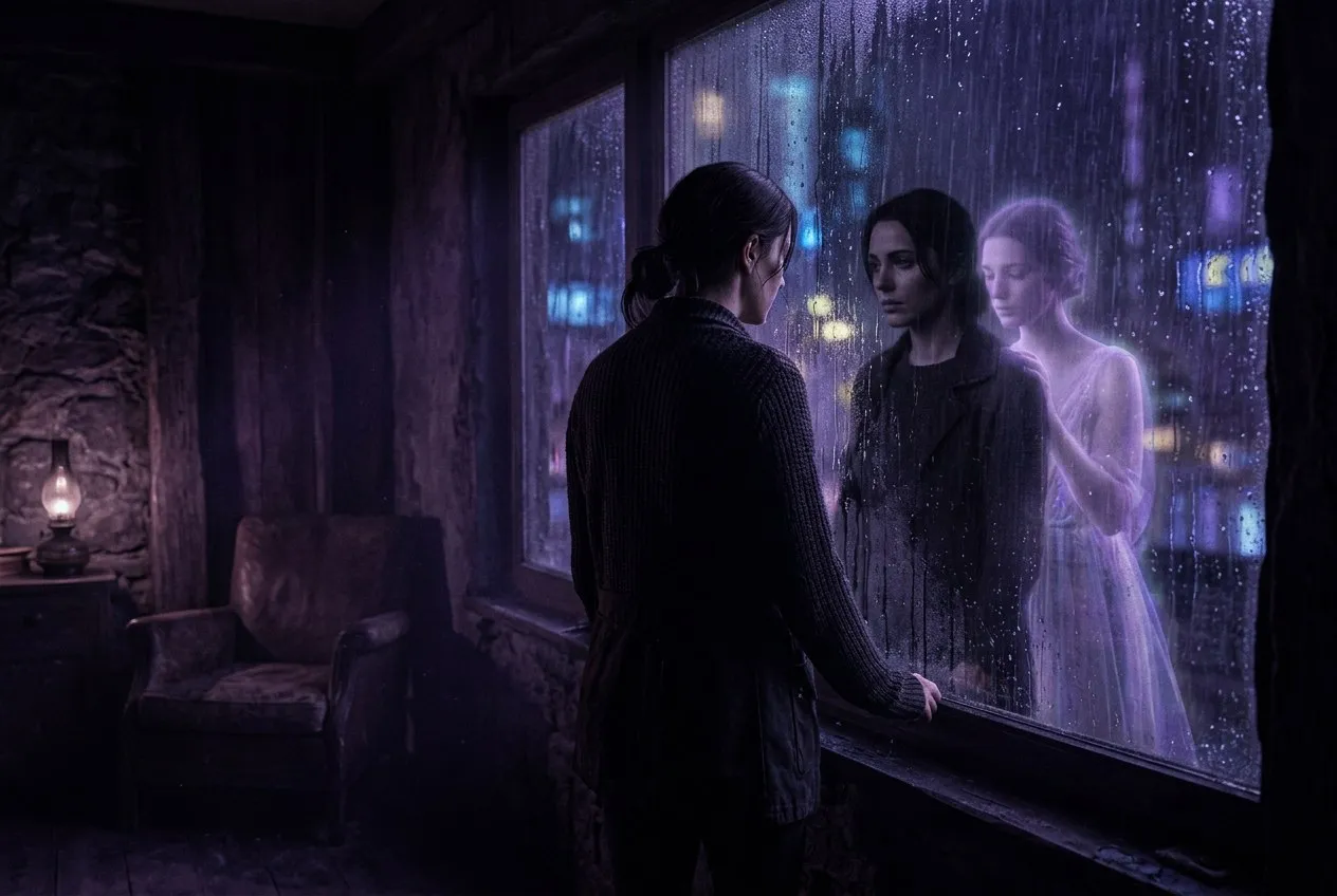 在雨水浸濕的窗邊獨自站立的人影，玻璃上倒映著若隱若現的第二個發光人形