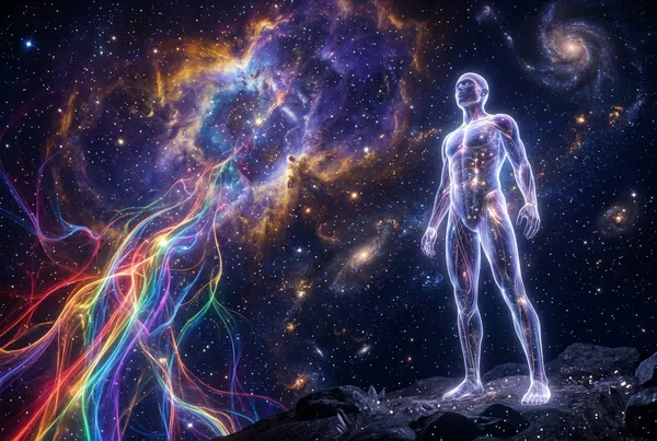 低角度仰拍半透明人形，脊椎能量通道彩虹發光，人形偏右構圖，星雲旋繞左側