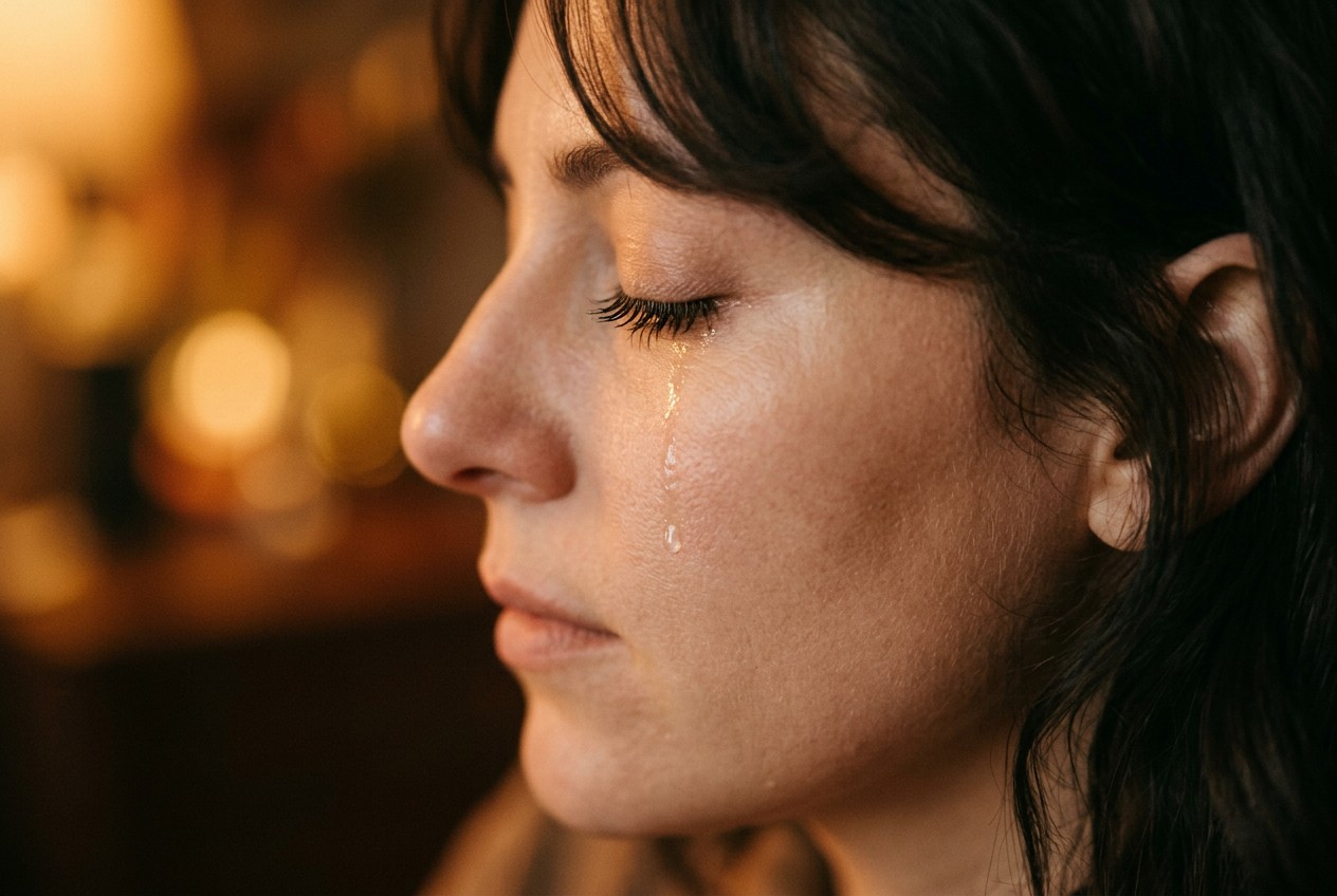 女性側臉特寫，一滴淚珠在琥珀色光線中滑落臉頰，眼睫毛映光，背景化為溫暖散景