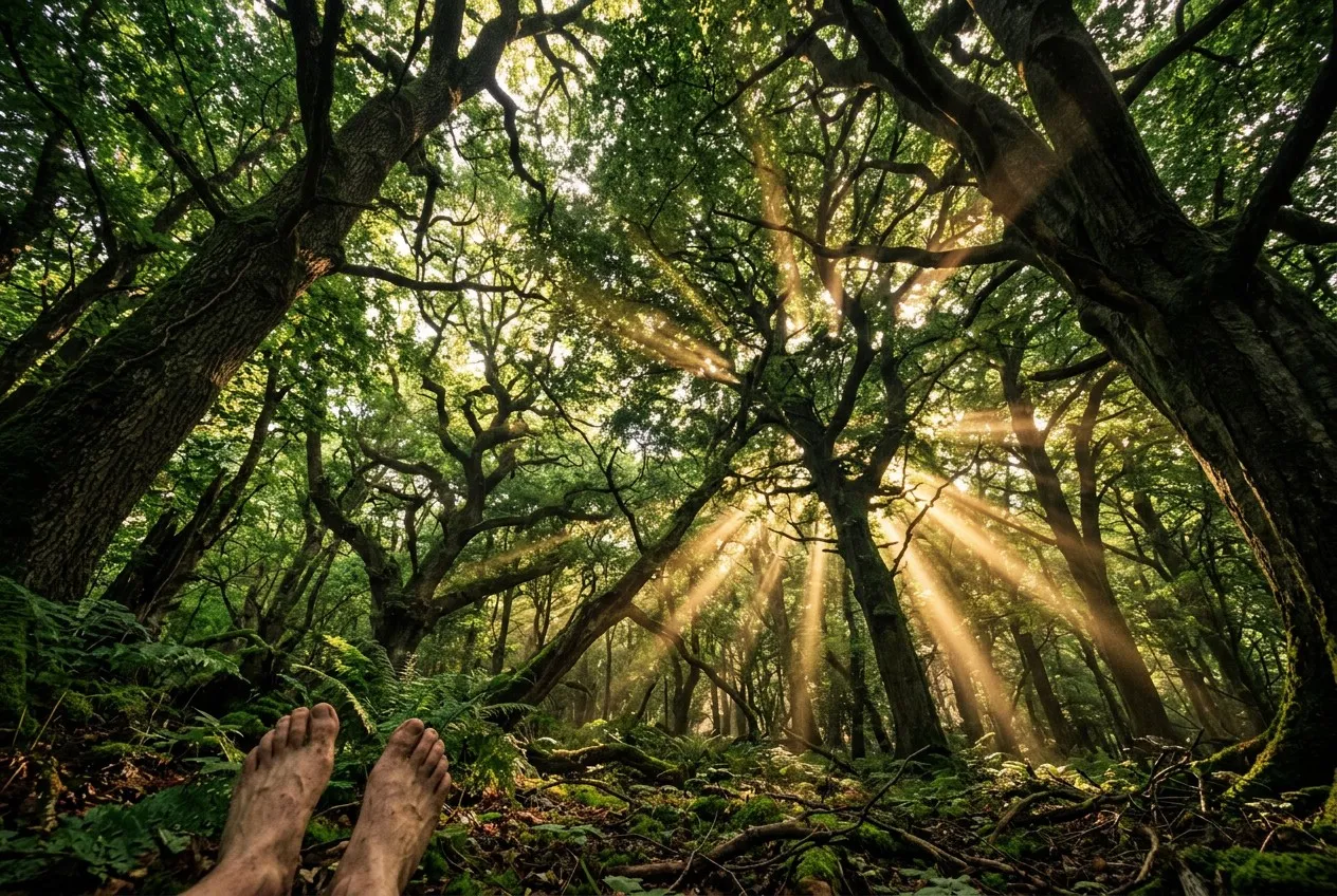 廣角仰拍穿越古林樹冠，金色光束戲劇性穿透葉隙，畫面左下角可見一雙赤腳踩在大地上