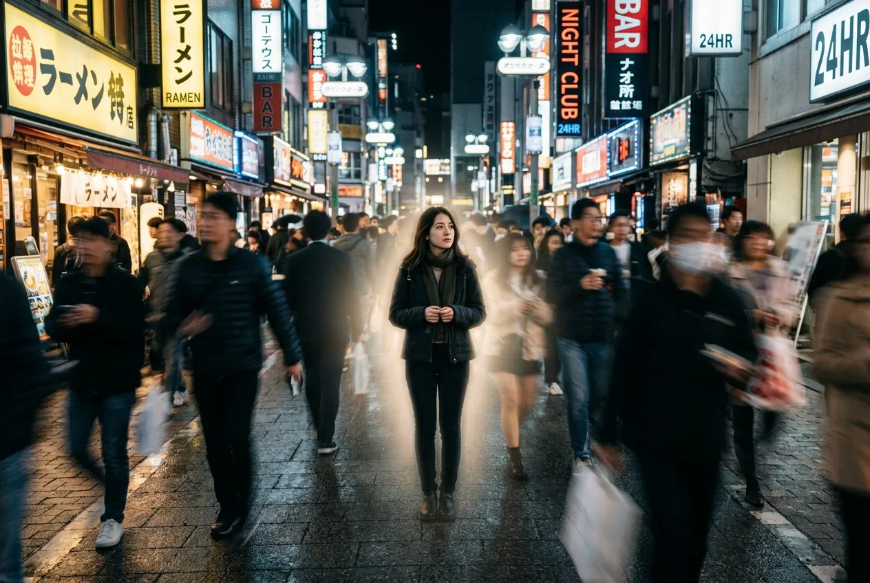 夜晚都市街道上,模糊移動的人群中一名靜止者散發著柔和光暈,低角度街景取鏡