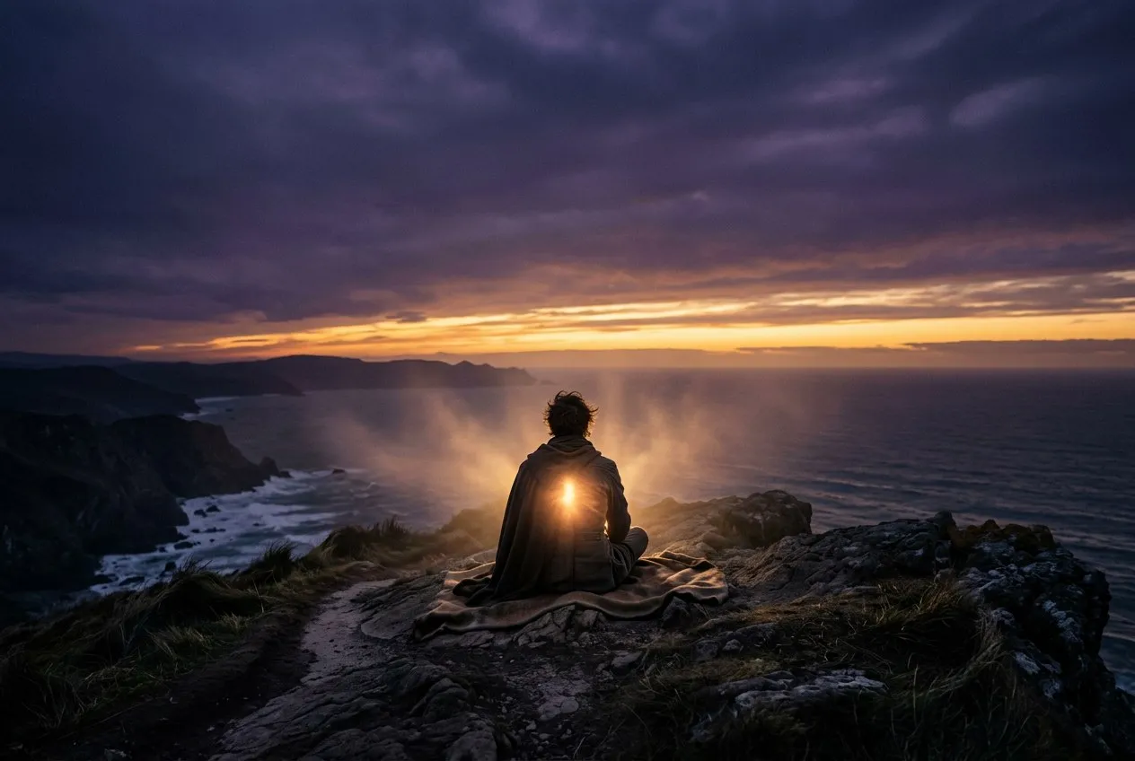 孤身背影坐在黃昏崖頂望向遠方,天際從深紫漸層至琥珀金,胸口散發向外的柔光