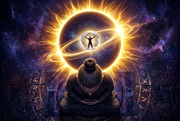 從正上方俯視一個盤坐冥想者的頭頂，金色光暈從頭頂向外放射如日食般展開，光暈正中心懸浮著一個微小的玻璃球，球內鎖著同一人物張臂仰頭的勝利剪影，深靛藍背景，象徵修行外殼裡被鎖住的自我膨脹