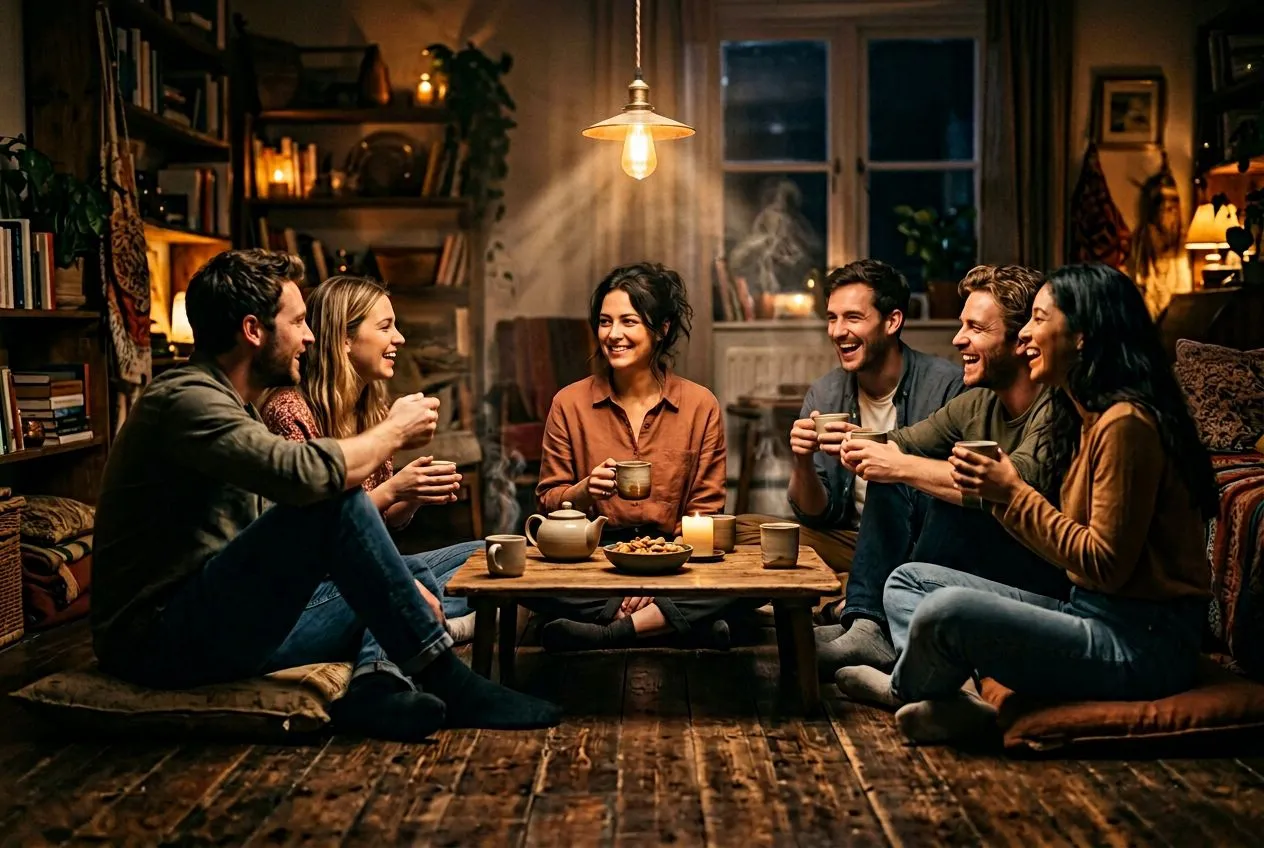 溫暖橘黃色調的簡樸木地板空間中，一盞吊燈在矮木桌上方灑下柔和的光束，三四個朋友圍坐交談，手裡捧著茶杯，中央一位盤腿而坐的身影神情自然放鬆，沒有任何靈性裝飾或光環，畫面帶有樸實的家常氛圍
