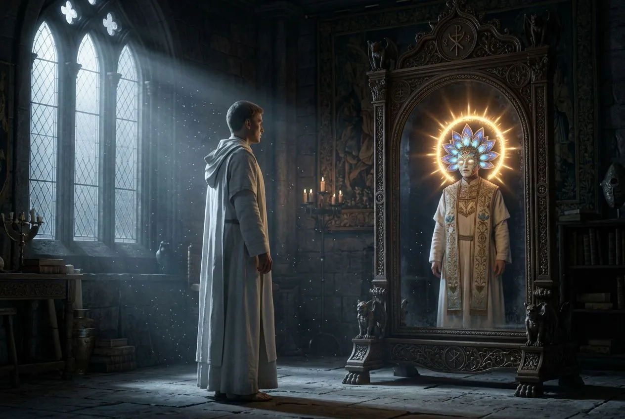 昏暗房間裡一個穿白袍的身影站在高大古典鏡框前面，鏡子映出的卻是同一個人物戴著鑲嵌蓮花圖案與光暈紋飾的華麗面具，銀色月光從左側窗戶流瀉進來形成光束，塵埃在光中漂浮，象徵修行身份如何成為小我的新偽裝